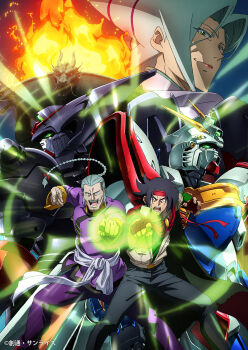1girl 2boys belt black_gloves black_hair braid domon_kasshu facial_hair fighting_stance fingerless_gloves g_gundam gloves glowing glowing_eyes glowing_hand god_gundam green_eyes grey_hair gundam headband highres long_hair looking_at_viewer martial_arts master_asia master_gundam mecha multiple_boys mustache official_art open_mouth robot scar science_fiction short_hair super_robot v-fin
