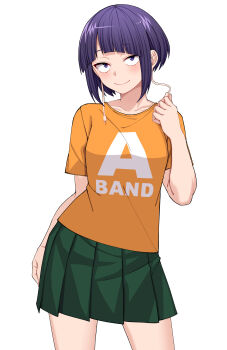 1girl absurdres audio_jack boku_no_hero_academia breasts closed_mouth earplugs green_skirt hair_between_eyes highres jiro_kyoka kobaji long_earlobes orange_shirt purple_eyes purple_hair shirt short_hair skirt smile solo t-shirt white_background