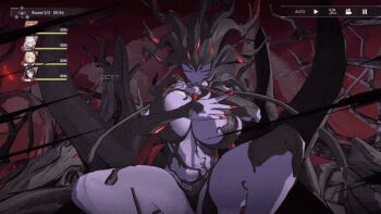Rule 34 | 1girl, animated, animated gif, breasts, character name, colored skin, completely nude, cursed tree avatar (taimanin series), curvy, english text, extra arms, glowing, grey background, grin, large breasts, lilith-soft, looking at viewer, monster girl, navel, nude, plant, plant girl, purple skin, red eyes, ryona, shiny skin, smile, solo, spikes, standing, taimanin (series), taimanin squad, vines, wide hips