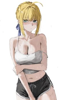 1girl artoria_pendragon_(fate) black_shorts blonde_hair bow embarrassed fate/stay_night fate_(series) green_eyes hair_between_eyes hair_bow highres looking_at_viewer navel raberu_ruru saber_(fate) shirt short_hair shorts simple_background solo stomach t-shirt white_background