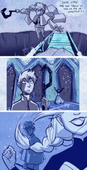 comic_strip crossover elsa_(frozen) jack_frost_(rise_of_the_guardians) monochrome snow