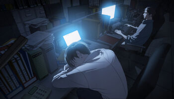 2boys binder black_hair chair collared_shirt commentary_request computer computer_keyboard highres indoors korean_commentary laptop long_sleeves monitor multiple_boys night office original phone screen_light shirt short_hair sideburns sleeping solarsistim white_shirt wooden_floor