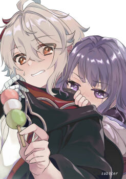 1boy 1girl absurdres aged_down ahoge alternate_universe artist_name bandaged_hand bandages behind_another blue_pupils blunt_bangs bridal_gauntlets clenched_teeth close-up commentary couple curly_hair dango dinggopudd english_commentary food bad_tag genshin_impact hair_between_eyes hand_on_another's_shoulder hands_up head_tilt height_difference highres holding holding_food huge_ahoge japanese_clothes kaedehara_kazuha kimono leaning_forward leaning_on_person light_blush long_hair long_sleeves looking_at_food looking_down looking_to_the_side multicolored_eyes multicolored_hair nervous off_shoulder purple_eyes purple_hair purple_kimono raiden_shogun red_eyes red_sash red_scarf sash scarf short_hair standing streaked_hair sweatdrop teeth upper_body wagashi white_background white_hair wide_sleeves