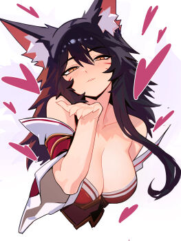 1girl ahri_(league_of_legends) animal_ears bare_shoulders black_hair breasts cleavage commentary detached_sleeves distr english_commentary facial_mark fox_ears fox_girl heart highres large_breasts league_of_legends long_hair looking_at_viewer smile solo whisker_markings yellow_eyes