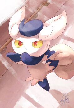 1girl barre closed_mouth colored_sclera dancing frown furry furry_female gen_6_pokemon highres meowstic meowstic_(female) neck_fur nintendo pokemon pokemon_(creature) pokemon_focus purobe red_eyes sweatdrop tail two-tone_fur white_fur yellow_sclera