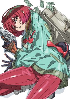 1girl amate_yuzuriha aqua_eyes backpack bag banknote bodysuit boots clenched_teeth commentary_request foot_out_of_frame green_jacket gun gundam gundam_gquuuuuux hair_between_eyes handgun highres holding holding_gun holding_weapon jacket long_sleeves looking_at_viewer lying mecha_pilot_suit money normal_suit_(gundam) on_side paintedmike puffy_long_sleeves puffy_sleeves red_bodysuit red_hair revolver shade short_hair skin_tight solo teeth trigger_discipline weapon white_boots