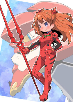 1girl blue_eyes bodysuit eva_02 highres holding holding_polearm holding_weapon lance_of_longinus_(evangelion) long_hair mecha mecha_pilot_suit neon_genesis_evangelion nomeoil plugsuit_(evangelion) polearm robot science_fiction souryuu_asuka_langley weapon
