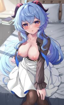 1girl ahoge bed bedroom black_pantyhose black_shirt blue_hair blush book bra breasts breasts_out commentary_request desk_lamp frilled_sleeves frills ganyu_(china_merchants_bank)_(genshin_impact) ganyu_(genshin_impact) genshin_impact goat_horns high-waist_skirt highres horns lamp long_hair long_sleeves looking_at_viewer medium_breasts nipples official_alternate_costume open_clothes open_shirt pantyhose partial_commentary partially_naked pillow ponnyu12 purple_eyes shirt skirt sunlight topless_female underwear variant_set