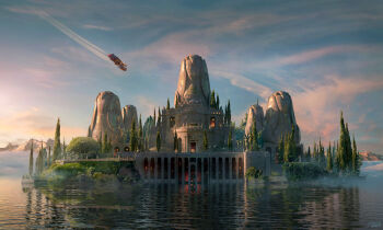 Rule 34 | absurdres, blue sky, bush, cloud, commentary, day, english commentary, flock, gradient sky, highres, lake, landscape, original, palace, pillar, raphael-lacoste, reflection, reflective liquid, scenery, science fiction, signature, sky, smoke, spacecraft, sunlight, tower, tree, water, yellow sky