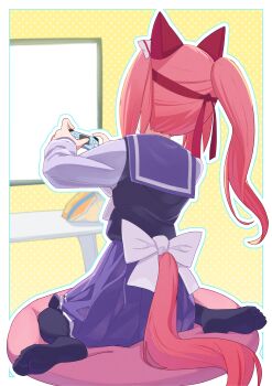 1girl absurdres animal_ears black_thighhighs border bow commentary_request controller dress ear_covers ear_ribbon freely2327 from_behind game_controller haru_urara_(umamusume) headband highres holding holding_controller holding_game_controller horse_ears horse_girl horse_tail indoors long_hair long_sleeves outline outside_border pink_hair pleated_dress polka_dot polka_dot_background ponytail purple_dress purple_sailor_collar red_headband sailor_collar sailor_dress school_uniform sidelocks sitting solo tail television thighhighs tracen_school_uniform umamusume white_border white_bow white_outline winter_uniform yellow_background