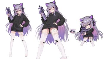 >_< 1girl :d :q absurdres animal_ear_headphones animal_ears asymmetrical_legwear black_choker black_hoodie black_panties bullpup castellayaki cat_ear_headphones cat_ears chibi choker colored_inner_hair commentary double-parted_bangs fake_animal_ears fishnet_thighhighs fishnets flying_sweatdrops fn_p90 garter_straps gem glasses gradient_hair grin gun hair_flaps hair_ornament hairclip hand_on_own_hip headphones heart heart_o-ring highres holding holding_gun holding_weapon hololive hololive_english hood hoodie jewel_under_eye koseki_bijou lace lace-trimmed_panties lace_trim long_hair long_sleeves looking_at_viewer mismatched_legwear multicolored_hair no_pants no_shoes o-ring o-ring_choker o-ring_thigh_strap open_mouth panties pantyshot pebble_(koseki_bijou) pink_hair purple_eyes purple_gem purple_hair round_eyewear sidelocks simple_background single_garter_strap smile standing submachine_gun teardrop-framed_glasses thigh_strap thighhighs tongue tongue_out underwear variations very_long_hair virtual_youtuber weapon white_background white_thighhighs