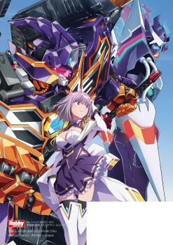1girl adjusting_hair alexis_kerib alexis_kerib_(new_order) alternate_costume assault_visor blue_sky blush boots bow breasts capelet cleavage closed_mouth commentary_request detached_sleeves english_text epaulettes frilled_skirt frills gloves gridknight_(ssss.gridman) gridman_universe halo hand_on_own_hip hand_up highres large_breasts long_sleeves mecha medium_hair military_uniform mixed-language_text navel official_alternate_costume official_art pink_hair pink_halo purple_shirt purple_skirt red_eyes robot sakamoto_masaru shinjou_akane shinjou_akane_(new_order) shirt short_hair size_difference skindentation skirt sky smile solo ssss.gridman super_robot thigh_boots thighhighs thighs white_bow white_gloves zettai_ryouiki