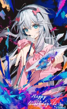 Rule 34 | :/, absurdres, aqua eyes, artist name, bow, closed mouth, dated, eromanga sensei, grey hair, hair bow, happy birthday, headphones, highres, holding, holding paint palette, holding paintbrush, itsuka yiguo, izumi sagiri, light blush, long hair, long sleeves, looking at viewer, paint, paint palette, paintbrush, pink bow, pink shirt, shirt
