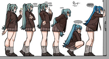 1girl absurdres aqua_hair bone_nigi brown_necktie cellphone closed_mouth door eyepatch hatsune_miku highres holding holding_phone long_hair long_sleeves medical_eyepatch monitoring_(vocaloid) multiple_views necktie one_eye_covered open_mouth phone shoes smartphone smile solo speech_bubble squatting standing vocaloid white_background