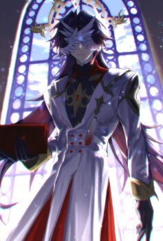 Rule 34 | 1boy, absurdres, aheng, ahoge, alternate costume, blade (honkai: star rail), blue hair, book, chinese commentary, coat, covered eyes, double-parted bangs, earrings, gloves, halo, halo behind head, head wings, highres, holding, holding book, honkai: star rail, honkai (series), jewelry, long hair, male focus, parted hair, tassel, turtleneck, very long hair, window, wings