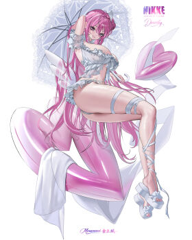 1girl arm_up artist_name ass bikini breasts character_name collar copyright_logo dorothy_(nikke) dorothy_(serendipity)_(nikke) dress dress_swimsuit frilled_collar frills from_below full_body goddess_of_victory:_nikke hair_bun hashtag-only_commentary heart highres holding holding_umbrella inflatable_wings invisible_chair large_breasts leg_ribbon legs_together logo long_hair looking_at_viewer memenmori nail_polish pink_hair pink_nails purple_eyes ribbon sandals signature single_side_bun sitting solo swimsuit toenails umbrella very_long_hair white_background white_bikini white_dress white_sandals