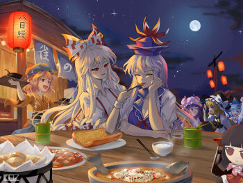 6+girls absurdres anger_vein animal_ears apron bamboo_print bird_ears black_hair blonde_hair blue_bow blue_dress blue_eyes blue_hair blue_headscarf blush bow braid breasts brown_dress brown_kimono chopsticks cirno cleavage closed_eyes cloud collar collared_dress collared_shirt crescent crescent_hat_ornament detached_wings dress edz_drawz fairy_wings feeding food food_request food_stand from_side fujiwara_no_mokou full_moon fumo_(doll) hair_bow hair_ribbon hat hat_bow hat_ornament headscarf highres hime_cut holding holding_food houraisan_kaguya ice ice_wings japanese_clothes kamishirasawa_keine kimono kirisame_marisa lantern long_hair long_skirt mob_cap moon multiple_girls musical_note musical_note_print mystia_lorelei neck_ribbon night open_mouth outdoors paper_lantern patchouli_knowledge pink_shirt purple_eyes purple_hair red_eyes ribbon shirt short_hair short_sleeves side_braid single_braid sitting skirt smile star_(sky) suspenders touhou touhou_mystia&#039;s_izakaya translation_request waist_apron white_bow white_hair white_shirt wide_sleeves wings witch_hat yuri