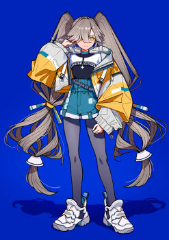 Rule 34 | 1girl, black pantyhose, blue background, blue shorts, bright pupils, commentary request, cropped jacket, grey hair, hair between eyes, hand up, highres, jacket, kaneni, long hair, long sleeves, low-tied long hair, open clothes, open jacket, original, pantyhose, puffy long sleeves, puffy sleeves, shadow, shoes, shorts, simple background, solo, twintails, very long hair, white pupils, white shoes, yellow eyes