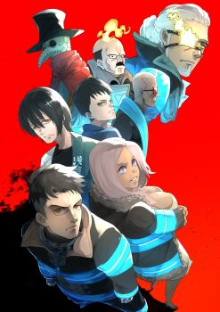 blue_eyes breasts cleavage coat dress en&#039;en_no_shouboutai hibana_(enen_no_shouboutai) ibaraki_shun large_breasts long_hair parted_lips