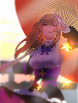 1girl bow bowtie braid brown_hair commentary_request fox_mask heaven_burns_red highres holding holding_umbrella kiryuu_miya long_hair mask mask_on_head umbrella utsusemi_(parutyi)