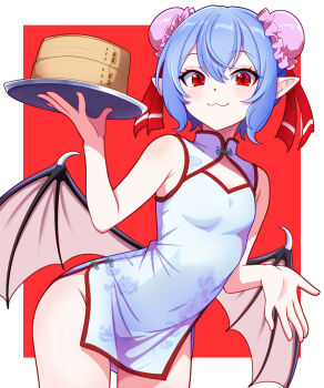1girl :3 alternate_costume bat_wings blue_hair breasts bun_cover china_dress chinese_clothes cleavage_cutout closed_mouth clothing_cutout commentary_request covered_navel cowboy_shot double_bun dress duplicate hair_bun hair_ribbon highres holding holding_tray kisaragi_koushi leaning_forward long_pointy_ears looking_at_viewer low_wings mandarin_collar pelvic_curtain pink_wings pixel-perfect_duplicate pointy_ears red_eyes remilia_scarlet ribbon short_dress side_slit small_breasts solo thighs touhou tray white_dress wings