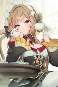 1girl anko_(kimt140n) arm_support bare_shoulders black_dress blue_eyes breasts brown_hair chair cleavage closed_mouth commentary_request cup detached_sleeves dress drinking_glass gem genshin_impact gloves half_gloves highres holding holding_cup indoors long_hair long_sleeves on_chair pantyhose red_gem sandrone_(genshin_impact) short_hair_with_long_locks sitting solo teacup white_gloves white_pantyhose