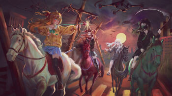 Rule 34 | 4girls, absurdres, arrow (symbol), black cardigan, black hair, black skirt, black socks, black thighhighs, blue eyes, blue skirt, bow, bow (weapon), bowtie, broken heart, broken heart hair ornament, brown hair, brown shoes, building, cardigan, closed mouth, commentary, crosswalk, english commentary, evil neuro-sama, four horsemen, full body, green bow, green bowtie, green eyes, green necktie, green ribbon, hair ornament, hair ribbon, heart, heart hair ornament, highres, holding, holding bow (weapon), holding scale, holding scythe, holding sword, holding weapon, horse, horseback riding, long hair, long sleeves, mask, miniskirt, mouth mask, multiple girls, necktie, nere, neuro-sama, outdoors, pleated skirt, power lines, red bow, red bowtie, red eyes, red ribbon, ribbon, riding, scythe, shirt, shoes, siblings, sisters, skirt, socks, sparkle, study-sama, sun, sunset, swarm drone (neuro-sama), sword, thighhighs, twins, two side up, utility pole, vedal ai, virtual youtuber, weapon, white hair, white shirt, yellow cardigan, yngxx1895996