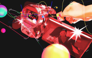 Rule 34 | 1boy, 1girl, absurdres, black background, broken, camcorder, chopsticks, closed mouth, commentary, curtains, doma wang, earrings, english commentary, english text, food, foreshortening, heart, highres, jewelry, long hair, nail polish, noodles, original, reflection, sd card, simple background, sparkle, video camera