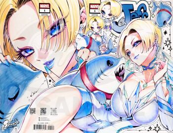 1girl animal animal_on_lap barcode blonde_hair blue_eyes blue_lips blue_nails breasts choker cleavage collar commentary crystal earrings emma_frost english_text hashtag-only_commentary highres jeff_(marvel) jewelry large_breasts leotard looking_at_viewer lying marvel marvel_rivals multiple_views on_lap on_side open_mouth qr_code red_collar sample_watermark shark sharp_teeth short_hair sunao_saito symbol-only_commentary teeth watermark white_leotard x-men