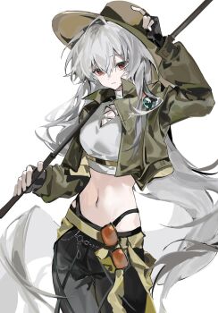 1girl arknights black_gloves black_pants commentary cowboy_shot crop_top fingerless_gloves gloves grey_hair grey_jacket grey_shirt hat highres jacket long_hair long_sleeves looking_at_viewer midriff muki_(muki_kunxd) navel official_alternate_costume open_clothes open_jacket pants red_eyes shirt skadi_(arknights) solo standing stomach sunglasses unworn_eyewear very_long_hair