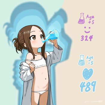 1girl absurdres age_regression aged_down beaker blush brown_eyes brown_hair cup drinking_glass flat_chest hair_bun highres karakai_jouzu_no_takagi-san lab_coat lander0808 loli long_hair looking_at_viewer navel oversized_clothes panties potion shrinking single_off_shoulder smile solo sports_bra stomach takagi-san underwear white_panties white_sports_bra