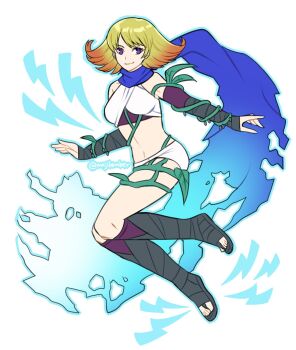1girl blonde_hair blue_outline blue_scarf closed_mouth crop_top detached_sleeves full_body gradient_hair highres kid_icarus kid_icarus_uprising lightning looking_at_viewer maji_(majibomber) multicolored_hair nintendo outline phosphora plant purple_eyes scarf short_shorts shorts smile solo twitter_username vines white_shorts
