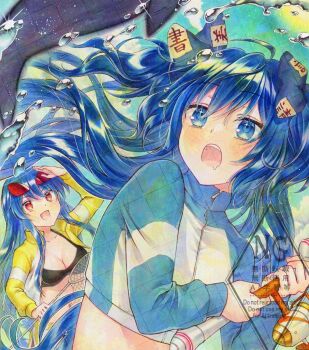 Rule 34 | 2girls, adversarial noise, alternate costume, alto2019, bikini, black bikini, blue bow, blue eyes, blue hair, blue jacket, blush, bow, breasts, cleavage, collarbone, commentary request, drooling, eyewear on head, fish, fishing rod, hair bow, highres, hinanawi tenshi, hinanawi tenshi (eldest daughter enjoying the beach), holding, holding fishing rod, holding net, jacket, long hair, long sleeves, midriff, mouth drool, multiple girls, navel, open clothes, open jacket, open mouth, red-tinted eyewear, red eyes, sample watermark, signature, smile, swimsuit, tinted eyewear, touhou, touhou lostword, very long hair, water drop, watermark, watermark grid, yellow jacket, yorigami shion, yorigami shion (somewhat successful big sister)