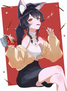1girl absurdres animal_ear_fluff animal_ears beret black_hair black_hat black_skirt box braid braided_sidelock brown_cardigan cardigan check_commentary commentary_request food food_in_mouth halter_shirt halterneck hat highres holding holding_box holding_food holding_pocky hololive long_hair looking_at_viewer miniskirt mouth_hold multicolored_hair off_shoulder official_alternate_costume official_alternate_hairstyle ookami_mio ookami_mio_(street) pocky pocky_day pocky_in_mouth ponytail red_hair shirt shirt_tucked_in sitting skirt sleeveless sleeveless_shirt solo streaked_hair tail tail_around_own_leg torokko virtual_youtuber white_shirt wolf_ears wolf_girl wolf_tail yellow_eyes