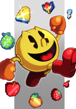 8-bit :d absurdres black_eyes boots food fruit gloves highres long_nose nose open_mouth orange_gloves pac-man pac-man_(game) pixels red_footwear silverchariotx smile tongue