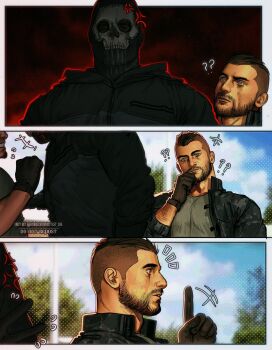 3boys ? ?? anger_vein black_gloves black_hair black_jacket call_of_duty call_of_duty:_modern_warfare_2 cloud day facial_hair ghost_(modern_warfare_2) gloves highres jacket looking_at_another male_focus mask multiple_boys outdoors short_hair skull_mask sky soap_(modern_warfare_2) twitter_username umikochannart