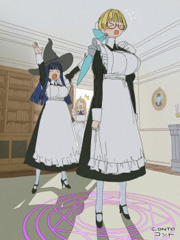 &gt;_&lt; 3girls apron arms_up artist_name black_dress black_hat black_shoes blonde_hair blue_hair bookshelf bow catherine_(conto) ceiling closed_eyes conto dress elizabeth_(conto) flying_sweatdrops hair_bow hat high_heels highres indoors magic_circle maid maid_apron maria_(conto) multiple_girls open_mouth original pantyhose red-framed_eyewear semi-rimless_eyewear shoes standing white_apron white_pantyhose witch_hat