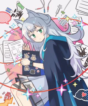 1girl amiya_(arknights) animal_ears arknights blaze_(arknights) book cat_ears cat_girl doctor_(arknights) dress drugs eraser green_eyes highres holding holding_book injection jacket kal'tsit_(arknights) long_hair multicolored_jacket nito_haruichi notebook open_clothes open_jacket paper pen plug rosmontis_(arknights) thigh_strap white_dress white_hair wristband