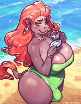 1girl animal_ears beach blush bracelet breasts bulge cleavage commentary covered_erect_nipples cowboy_shot cup curvy cyancapsule drinking_glass earrings english_commentary eyeshadow from_above furrowed_brow furry furry_female futanari gold_bracelet gold_earrings gold_necklace gold_ring green_eyeshadow green_one-piece_swimsuit hippo_girl hippopotamus_ears hippopotamus_tail holding holding_cup holding_saucer hoop_earrings jewelry large_breasts long_hair looking_at_viewer makeup necklace one-piece_swimsuit orange_hair original saucer smile starfish strapless strapless_one-piece_swimsuit swimsuit tail tea teacup water wide_hips