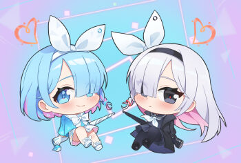 2girls aqua_background arona_(blue_archive) black_coat black_hairband black_pantyhose black_sailor_collar black_serafuku black_shoes black_skirt blue_archive blue_eyes blue_hair blue_shirt blush bow bow_hairband bowtie chibi chibi_only chinese_commentary closed_mouth coat colored_inner_hair commentary_request convenient_leg eyes_visible_through_hair footwear_bow full_body gradient_background grey_eyes grey_hair gun hair_bow hair_over_one_eye hairband halo heart heart_halo highres holding holding_behind_back holding_gun holding_weapon knee_up long_hair long_sleeves looking_at_viewer multicolored_hair multiple_girls neckerchief open_clothes open_coat pantyhose pink_background pink_hair pink_skirt plana_(blue_archive) pleated_skirt radial_gradient_background red_halo red_pupils sailor_collar school_uniform serafuku shirt shoes short_hair skirt smile split_mouth two-sided_fabric two-sided_skirt two-tone_background two-tone_hair umbrella_gun weapon white_bow white_bowtie white_hairband white_neckerchief white_sailor_collar white_shoes white_skirt zfj