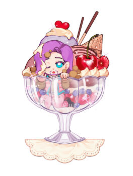 1boy absurdres blue_eyes cherry chibi chocolate commentary commentary_request cream cup dessert food food_on_head fruit glass higashikata_norisuke_iv highres ice_cream in_container in_cup in_food jojo_no_kimyou_na_bouken jojolion male_focus mini_person miniboy object_on_head one_eye_closed pants parfait pink_pants pocky purple_hair solo sprinkles strawberry sundae sweets transparent_background wafer_stick whipped_cream xiaorong
