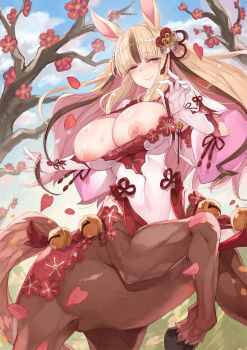 Rule 34 | 1girl, animal ears, blonde hair, blush, breasts, brown eyes, brown hair, bursting breasts, centaur, commentary request, full body, gloves, highres, hooves, horse ears, horse tail, huge breasts, kenkou cross, long hair, looking at viewer, monster girl, monster girl encyclopedia, multicolored hair, multiple legs, nipples, smile, solo, streaked hair, tail, taur, undersized clothes, white gloves