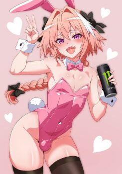 1boy :d androgynous animal_ears armpit_crease armpits astolfo_(fate) bare_arms bare_shoulders black_bow black_thighhighs blush bow braid bulge can commentary covered_navel cowboy_shot crossdressing crossdressing_(mtf) curvy detached_collar drink_can english_commentary fake_animal_ears fang fate/apocrypha fate_(series) hair_between_eyes hair_bow hair_intakes hand_up heart highleg highleg_leotard highres holding holding_can leotard long_hair looking_at_viewer male_focus male_playboy_bunny monster_energy open_mouth pink_background pink_bow pink_hair pink_leotard purple_eyes rabbit_ears rabbit_tail shiny_skin simple_background single_braid single_hair_streak skin_fang smile solo strapless strapless_leotard tail thighhighs trap v white_hair wide_hips wrist_cuffs zanegoodell