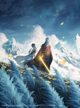 1boy 1girl 5health absurdres alien blue_skin cloud colored_skin dreadlocks dress energy_sword facial_mark facial_tattoo field flower flower_field forehead_mark forest highres holding holding_flower japanese_clothes jedi kimono lightsaber mountainous_horizon nature outdoors pine_tree pointy_ears sky star_(sky) star_wars star_wars:_the_high_republic starry_sky sword tattoo tree weapon white_dress