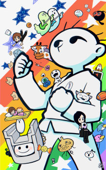 2boys 2girls :3 absurdres american_football_(object) animal ball basketball_(object) bird black_bow black_bowtie black_eyes black_hair black_pants black_shirt black_shoes black_skirt black_thighhighs blush_stickers bow bowtie brown_hair bug candy chorus_man clenched_hands closed_eyes closed_mouth collared_shirt commentary_request crying cup donut dougi ecto_(rhythm_tengoku) fangs food fork ghost giraffe giraffe_(rhythm_tengoku) glasses goat goat_(rhythm_tengoku) guitar hair_vegetable highres holding holding_ball holding_guitar holding_instrument instrument irankotoshi_mushi irotori_tori karateka_(rhythm_tengoku) kohai_(rhythm_tengoku) kumatta_(rhythm_tengoku) loafers long_hair long_sleeves lying mako_(rhythm_tengoku) medium_hair mojio_(rhythm_tengoku) monkey monkey_(rhythm_tengoku) multiple_boys multiple_girls neko-tachi_(rhythm_tengoku) nekosaku_otogi note-chan_(rhythm_tengoku) o3o on_bed on_side onigiri onion open_mouth pants partial_commentary pillow pink_pants pink_shirt rainbow rhythm_tengoku rocket rocket_zero senpai_(rhythm_tengoku) shiroi_obake shirt shoes short_hair short_sleeves shuttlecock signature skirt sleeping sleepwear smile soccer_ball solid_circle_eyes space_umpire spider star_(rhythm_tengoku) star_(symbol) thighhighs ufo ura_otoko_(rhythm_tengoku) virus_(rhythm_tengoku) white_background white_shoes widget_(rhythm_tengoku) workmen_(rhythm_tengoku) yokai_(rhythm_tengoku)