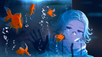 1boy against_glass aotsuki_eito black_gloves box_galaxy bubble chinese_commentary commentary_request dated fish fish_tank glasses gloves goldfish grey_hair hand_on_glass highres jacket looking_at_viewer male_focus parted_lips purple_eyes short_hair signature solo the_hundred_line_-last_defense_academy- white_jacket