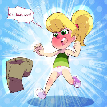 1girl angry blonde_hair blue_background blush bow bow_panties brown_pants chasing cindy_vortex flat_chest green_eyes green_shirt highres jimmy_neutron_(series) living_clothes loli lolilolalove long_hair nickelodeon open_mouth panties pants pink_bow pink_panties polka_dot polka_dot_background polka_dot_panties ponytail purple_shoes running scene_reference shirt shoes sneakers speech_bubble striped_clothes striped_shirt sunburst sunburst_background tank_top teeth underwear unworn_pants