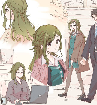 1boy 1girl ^_^ black_hair black_shoes black_suit blush braid brown_coat closed_eyes coat coffee commentary_request computer cup formal_clothes green_hair green_skirt green_vest grey_pantyhose half_up_braid high_heels highres idolmaster idolmaster_shiny_colors laptop long_hair mug multiple_views nanakusa_hazuki nasu_danshaku office_lady pantyhose producer_(idolmaster) shoes skirt smile suit vest walking