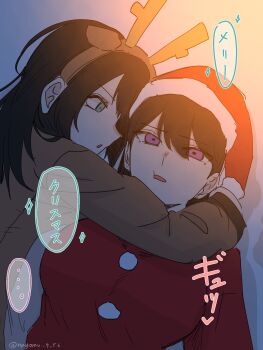 2girls animal_ears bang_dream! bang_dream!_it's_mygo!!!!! black_hair breasts brown_shirt fake_animal_ears hair_between_eyes highres hug large_breasts long_hair long_sleeves multiple_girls nagomu_7_56 red_shirt shiina_taki shirt translated yahata_umiri yuri