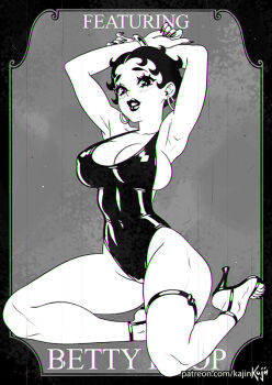 Rule 34 | 1930s (style), 1girl, animification, arms up, artist name, betty boop, betty boop (character), black hair, black leotard, black nails, bracelet, earrings, english text, fingernails, framed, garter straps, greyscale, jewelry, kajin (kajinman), kneeling, legwear garter, leotard, lipstick, makeup, monochrome, nail polish, pointy footwear, retro artstyle, short hair, signature, simple background, solo, thick lips, thighlet